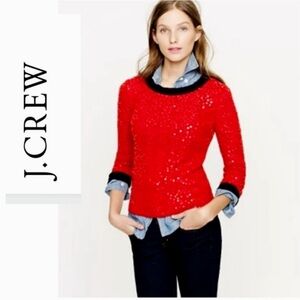 J. Crew Merino Wool Blend Knit Holiday Sequin Crewneck Sweater Red Navy Size L